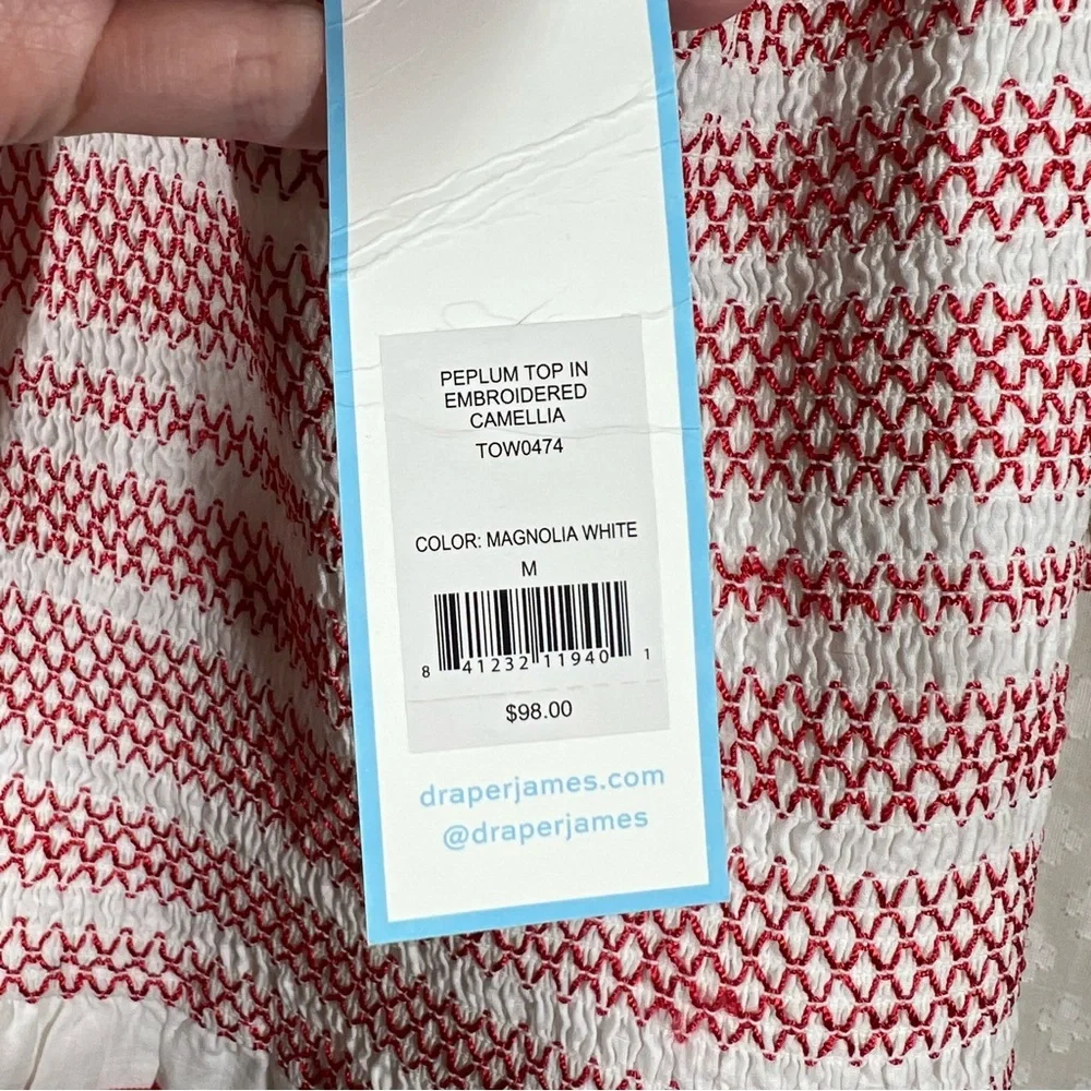 Draper James NWT White Red Camellia‎ Embroidered Peplum Top - Picture 5 of 7